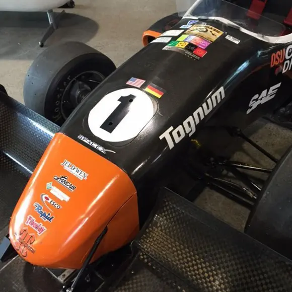 The Oregon State University Formula Racing vehicle, featuring custom SLS 3D printed automotive parts.
