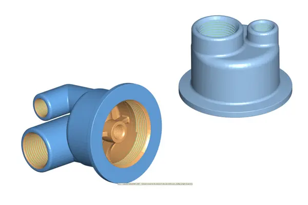 3D CAD design renderings featuring integrated 90-degree plumbing elbows.