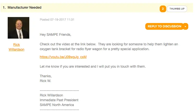 Advancement of Material and Process Engineering (SAMPE) forum request for assistance | NW Rapid Manufacturing